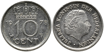 Нидерланды 10 центов 1978 Юлиана (1948-1980) КМ 182 никель 220-1269