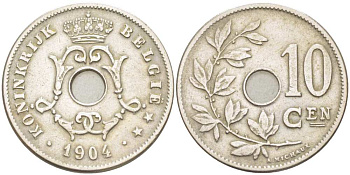 БЕЛЬГИЯ 10 САНТИМОВ 1904 BELGIE KM 53 медно-никель 210-1046