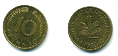 ФРГ 10 ПФЕННИГОВ 1980 J KM 108, J. 383 сталь плакированная латунью 46-1315