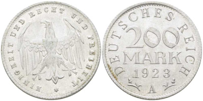 ГЕРМАНИЯ 200 МАРОК 1923 A KM 35, J. 304, Weege 22 алюминий 210-447