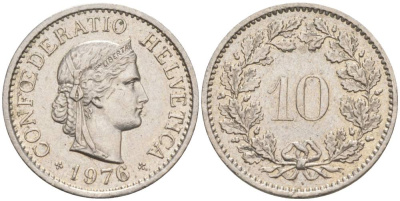 Швейцария 10 раппенов 1976 KM 27 медно-никель 55-511