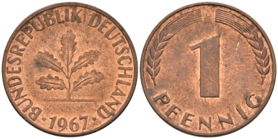 ФРГ 1 пфенниг 1967 G KM 105, J. 380 сталь плакированная медью    4115-121