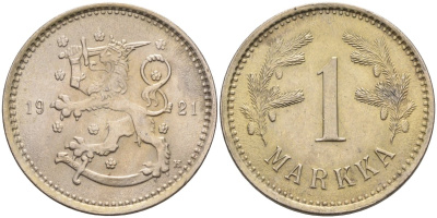 Финляндия 1 марка 1921 республика (1918-1962) KM 27 медно-никель 4591-315
