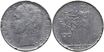 ИТАЛИЯ 100 ЛИР 1965 R, АФИНА KM 96.1 нержавеющая сталь 97-546