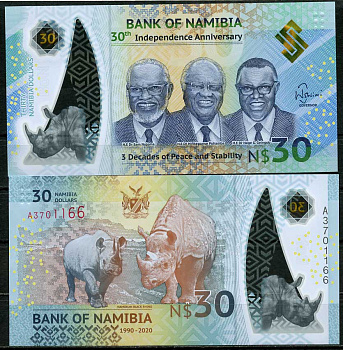 Намибия 30 долларов 2020 30 лет мира и стабильности, носорог, президенты Намибии Pick NEW пластик UNC (пресс) 448-149-2