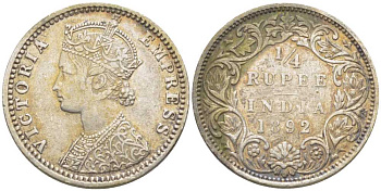 Британская Индия 1/4 рупии 1892 Виктория KM 490 серебро 3896-1332
