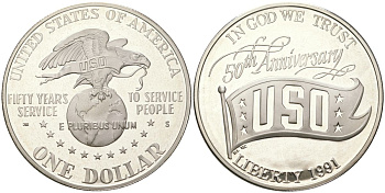 США 1 доллар 1991 S, 50 лет объединённым организациям обслуживания (USO) KM 232 серебро PROOF 11-311-12