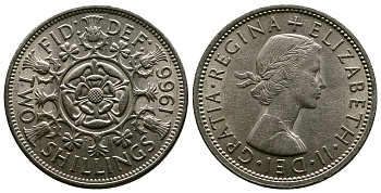Великобритания 2 шиллинга (флорин) 1966 Елизавета II (1952-2022) KM 906, Spink 4146 медно-никель 4382-723