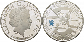 Великобритания 5 фунтов 2009 Елизавета II (1952-2022), XXX летние Олимпийские Игры, Лондон 2012 - Обратный отсчет «3», Плавание KM 1121a, Spink LO33 серебро PROOF 1077-6-23