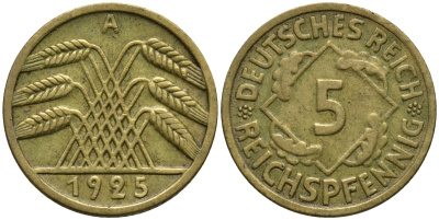 Германия 5 рейхспфеннигов 1925 A KM 39, J. 316, Weege 7 алюминиевая бронза 4516-366