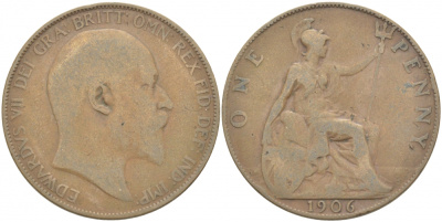 Великобритания 1 пенни 1906 Эдуард VII (1901-1910) KM 794.2, Sp 3990 бронза 4403-822