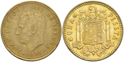 Испания 1 песета 1975 (80) Хуан Карлос I (1975-2014) KM 806 алюминиевая бронза 4551-617