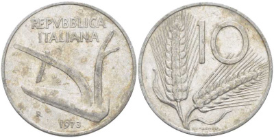 ИТАЛИЯ 10 ЛИР 1973 R, ПЛУГ, КОЛОСЬЯ KM 93 алюминий 175-424