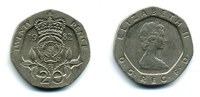 Великобритания 20 пенсов 1982 Елизавета II (1952-2022) KM 931, Spink 4230 (G1) медно-никель 4110-953