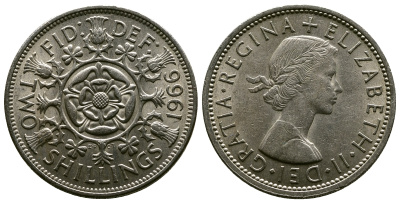 Великобритания 2 шиллинга (флорин) 1966 Елизавета II (1952-2022) KM 906, Spink 4146 медно-никель 4382-723