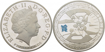 Великобритания 5 фунтов 2009 Елизавета II (1952-2022), XXX летние Олимпийские Игры, Лондон 2012 - Обратный отсчет «3», Плавание KM 1121a, Spink LO33 серебро PROOF 1077-6-23