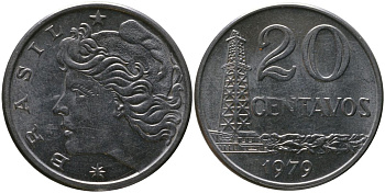 Бразилия 20 сентаво 1979 голова Свободы влево KM 579.1a, Schon 84b нержавеющая сталь aUNC 4577-1224