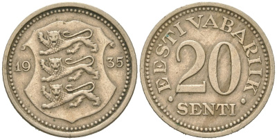 Эстония 20 центов 1935 Республика (1918-1941) KM 17 никель бронза 4615-1117
