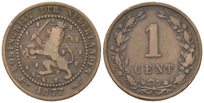 Нидерланды 1 цент 1877 Виллем III (1849-1890) KM 107 бронза 4154-211