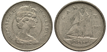 КАНАДА 10 ЦЕНТОВ 1969 ПАРУСНИК, ВЕС 2,07 ГР. KM 77.1 никель F 4181-332