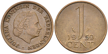 Нидерланды 1 цент 1959 Юлиана (1948-1980) КМ 180 бронза    4174-556
