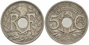 Франция 5 сантимов 1931 тип Линдайё KM 875, Le Franc 122.14 медно-никель 105-358