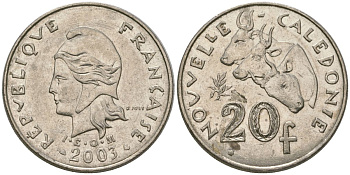 Французская Новая Каледония 20 франков 2003 три быка, (IEOM) KM 12, Schoen 14, Lec 15g никель 4131-631