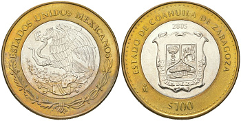 Мексика 100 песо 2005 180 лет Федерации - Коауила KM 752 биметалл, серебро BU 00-1067-7-42