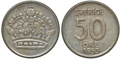 Швеция 50 эре 1953 TS, Густав VI Адольф (1950-1973) KM 825 серебро 4179-1014