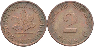 ФРГ 2 ПФЕННИГА 1972 G KM 106a, J. 381a сталь плакированная сталь плакированная медьюю 116-327