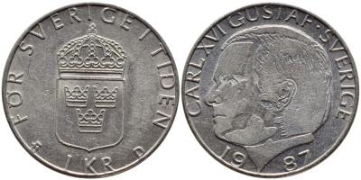 Швеция 1 крона 1987 Карл XVI Густав (1973- ) KM 852a медно-никель 4397-1215