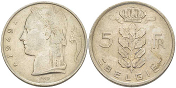 БЕЛЬГИЯ 5 ФРАНКОВ 1949 BELGIE, ЛЕОПОЛЬД III (1934-1950) KM 135.1 медно-никель 202-1146
