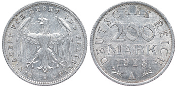 Германия 200 марок 1923 A KM 35, J. 304, Weege 22 алюминий 4604-545