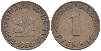 ФРГ 1 ПФЕННИГ 1950 F KM 105, J. 380 сталь плакированная медью 116-352
