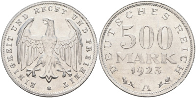 Германия 500 марок 1923 А KM 36, J.305 алюминий UNC 4587-116