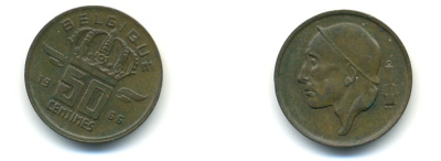 БЕЛЬГИЯ 50 САНТИМОВ 1955 BELGIQUE KM 144 бронза 80-935