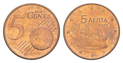 Греция 5 евроцентов 2008 KM 183 сталь плакированная медью UNC 4649-1234