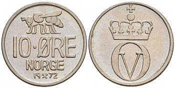 Норвегия 10 эре 1972 пчела, Улаф V (1958-1991) KM 411 медно-никель aUNC 44-1013
