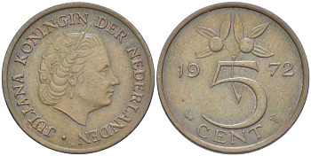 Нидерланды 5 центов 1972 Юлиана (1948-1980) KM 181 бронза 213-1114