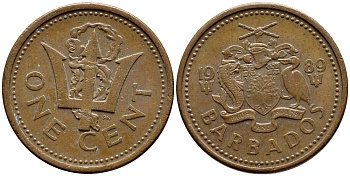 Барбадос 1 цент 1989 сломанный трезубец Британии KM 10 бронза 4396-1265