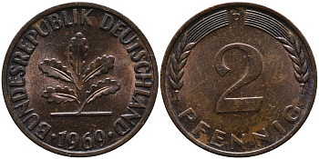 ФРГ 2 пфеннига 1969 D KM 106а, J.381а сталь плакированная медью 99-161