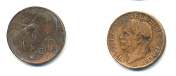 ИТАЛИЯ 10 ЧЕНТЕЗИМО 1922 R, ВИКТОРИО ЭМАНУИЛ III, ПЧЕЛА KM 60 медь 80-1155