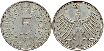 ФРГ 5 МАРОК 1971 J, KM 112.1, J. 387 серебро 1522-323