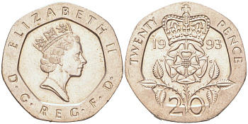 Великобритания 20 пенсов 1993 Елизавета II (1952-2022) KM 939, Spink G2 медно-никель aUNC 4614-827