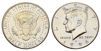 США 1/2 доллара (50 центов) 1996 P, Джон Кеннеди KM A202b медь плакированная медно-никелем UNC 4672-723