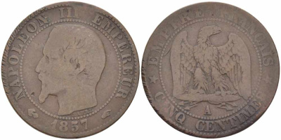 ФРАНЦИЯ 5 САНТИМОВ 1857 A, НАПОЛЕОН III (1852-1870) KM 777.1, LE FRANC 116.37 бронза 108-447