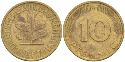 ФРГ 10 пфеннигов 1987 J KM 108, J. 383 сталь плакированная латунью 3459-124