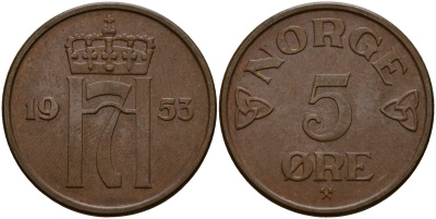 Норвегия 5 эре 1953 Хокон VII (1906 - 1957) KM 400 бронза 4156-246