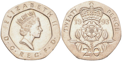 Великобритания 20 пенсов 1993 Елизавета II (1952-2022) KM 939, Spink G2 медно-никель aUNC 4614-827