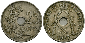 Бельгия 25 сантимов 1927 Belgique KM 68 медно-никель 4165-531